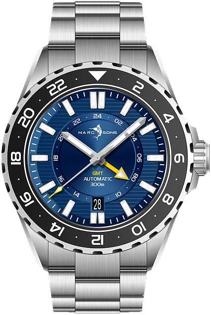 Orologio da uomo: quadrante blu, indicatore GMT, bracciale in acciaio e lunetta nera.