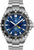 Orologio da uomo: quadrante blu, indicatore GMT, bracciale in acciaio e lunetta nera.