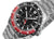 Orologio da uomo con quadrante nero, lunetta rossa e cinturino in acciaio.