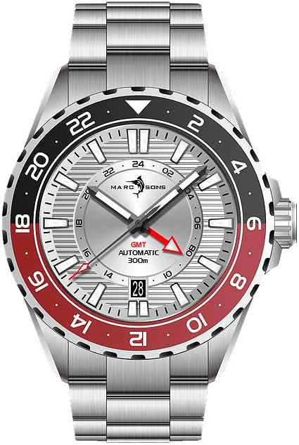 Orologio da uomo: cinturino in acciaio inossidabile argentato, quadrante nero, lunetta rossa