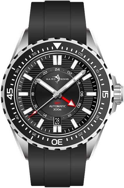 Orologio da uomo con quadrante nero, lancetta GMT rossa e cinturino in caucciù nero