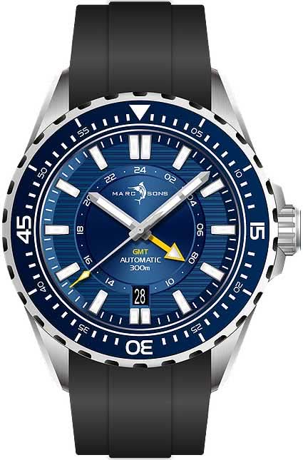 Herrenuhr mit blauem Zifferblatt, schwarzer Lünette und schwarzem Kautschukarmband