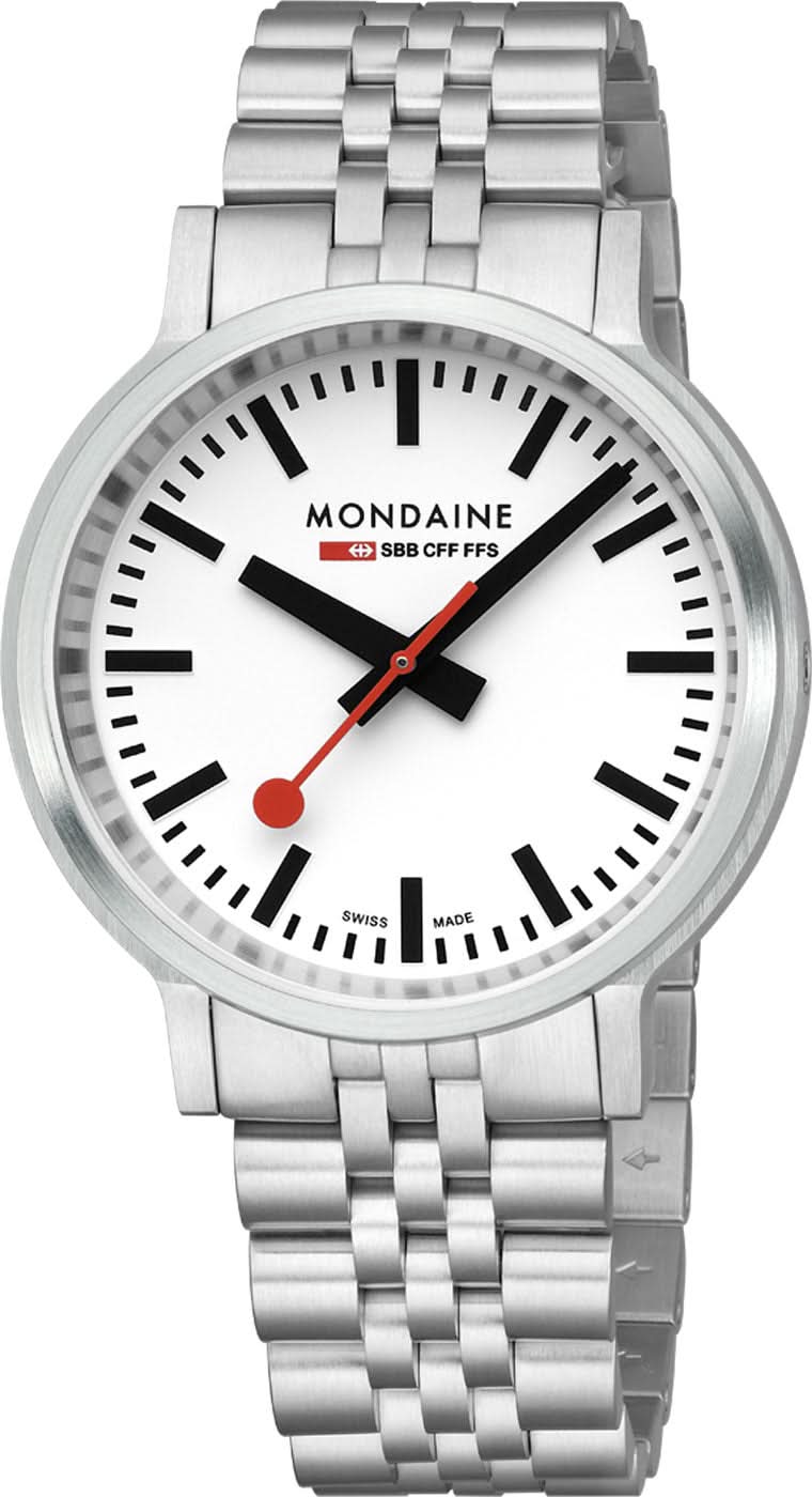 Herrenuhr mit weißem Zifferblatt, schwarzen Indexen und roter Sekundenmarkierung, Edelstahlband