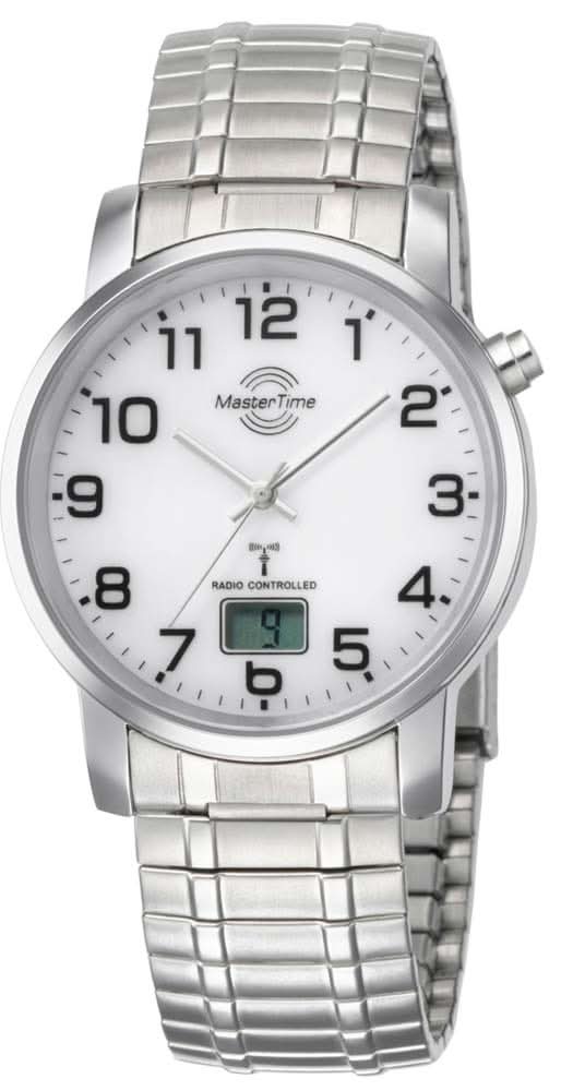 Herrenfunkuhr mit silberfarbenem Metallarmband, weißem Zifferblatt und LCD-Anzeige