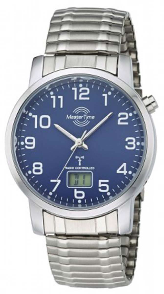 Herrenarmbanduhr mit blauem Zifferblatt und silbernem Metallarmband, große Ziffern