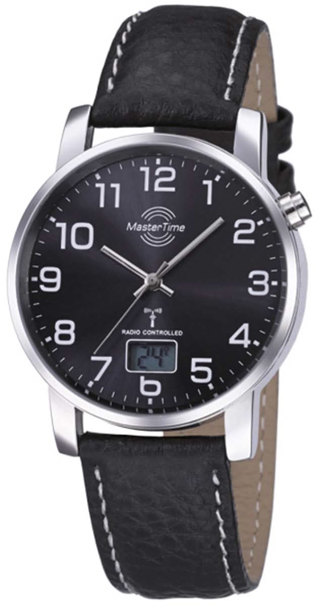 Herrenuhr mit schwarzem Zifferblatt, Lederband und silbernem Gehäuse, Funkanzeige