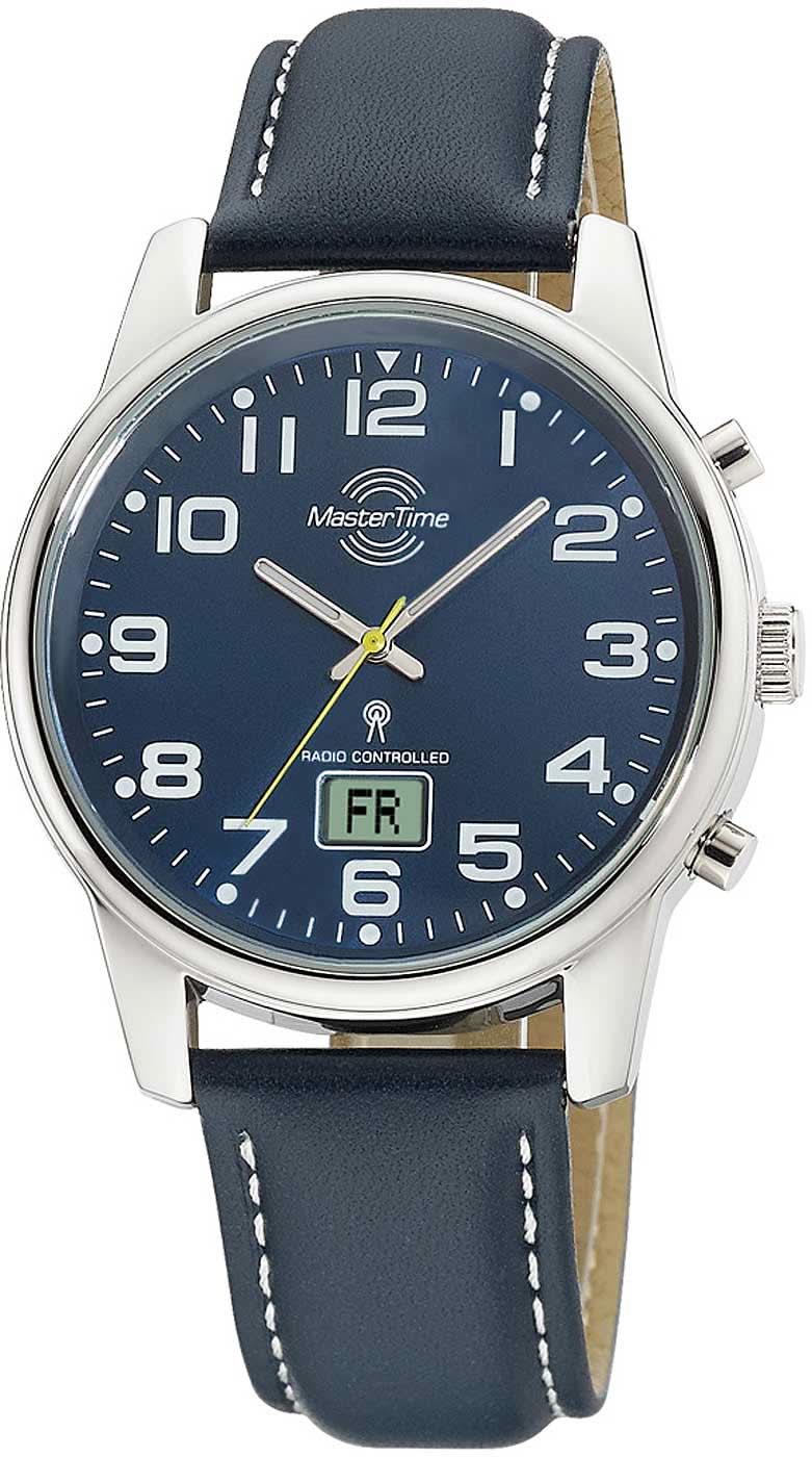 Herrenuhr mit blauem Zifferblatt, silbernem Gehäuse und dunkelblauem Lederarmband