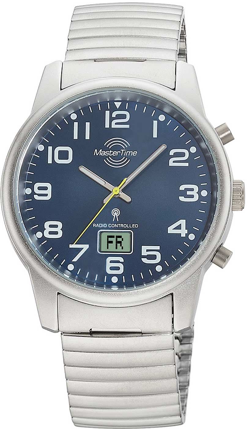 Herrenuhr mit blauem Zifferblatt, silbernem Edelstahlband und Datum „FR“