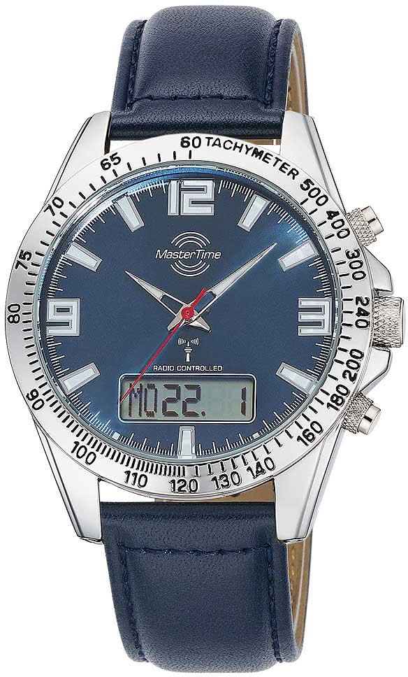 Orologio da uomo con quadrante blu, lunetta tachimetrica e cinturino in pelle
