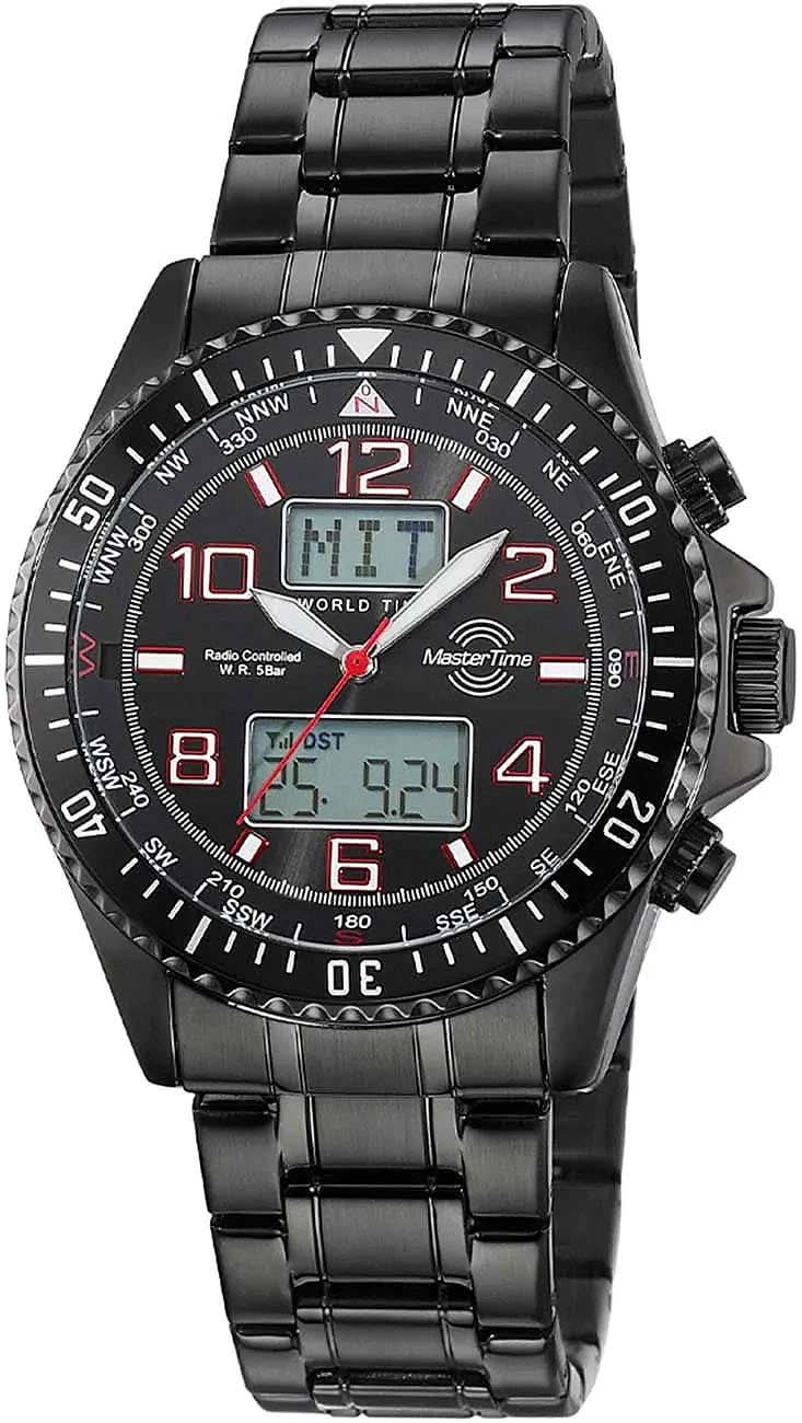 Orologio radio controllato da uomo nero con cinturino in metallo, lancette analogiche e display digitale
