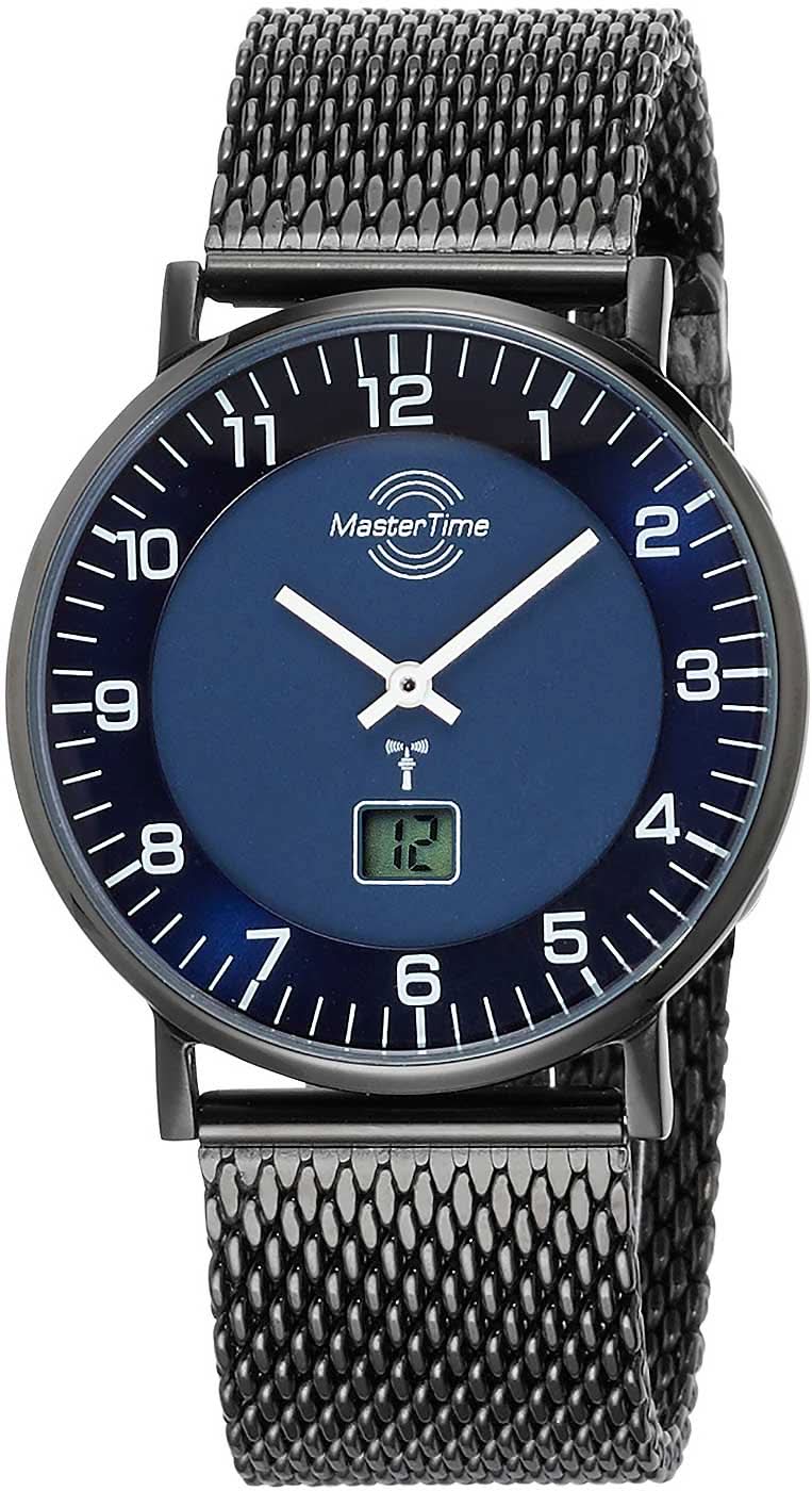 Herrenarmbanduhr mit blauem Zifferblatt und schwarzem Mesharmband