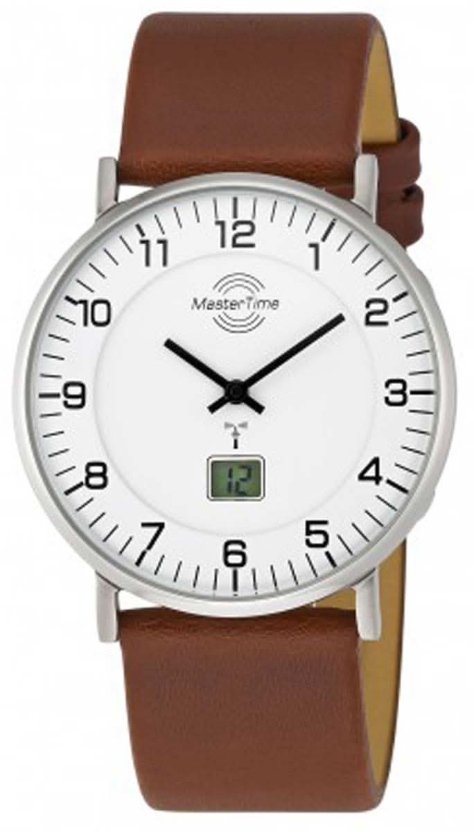 Herrenuhr mit weißem Zifferblatt, schwarzem Zeigerwerk und braunem Lederarmband