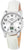 Orologio da donna con cinturino in pelle bianca, cassa argentata e quadrante analogico con FR