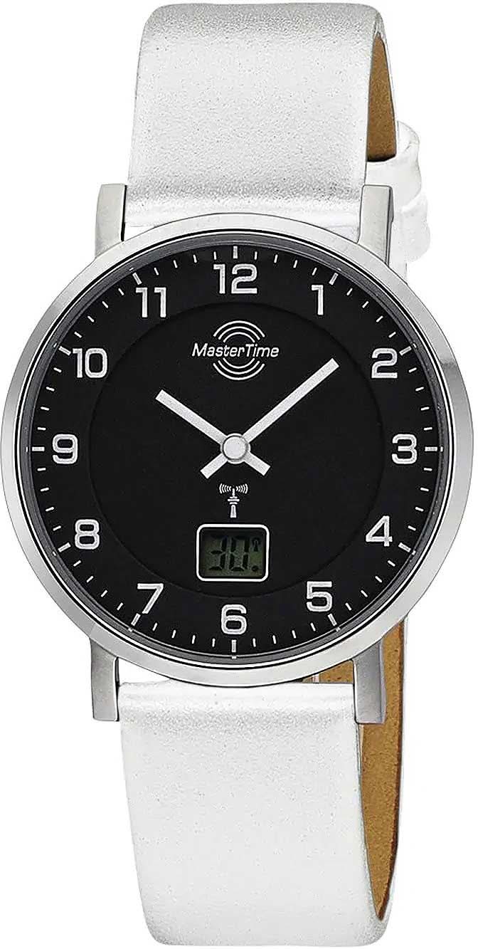 Orologio da donna con cinturino in pelle bianca, quadrante nero, simbolo radio e display digitale
