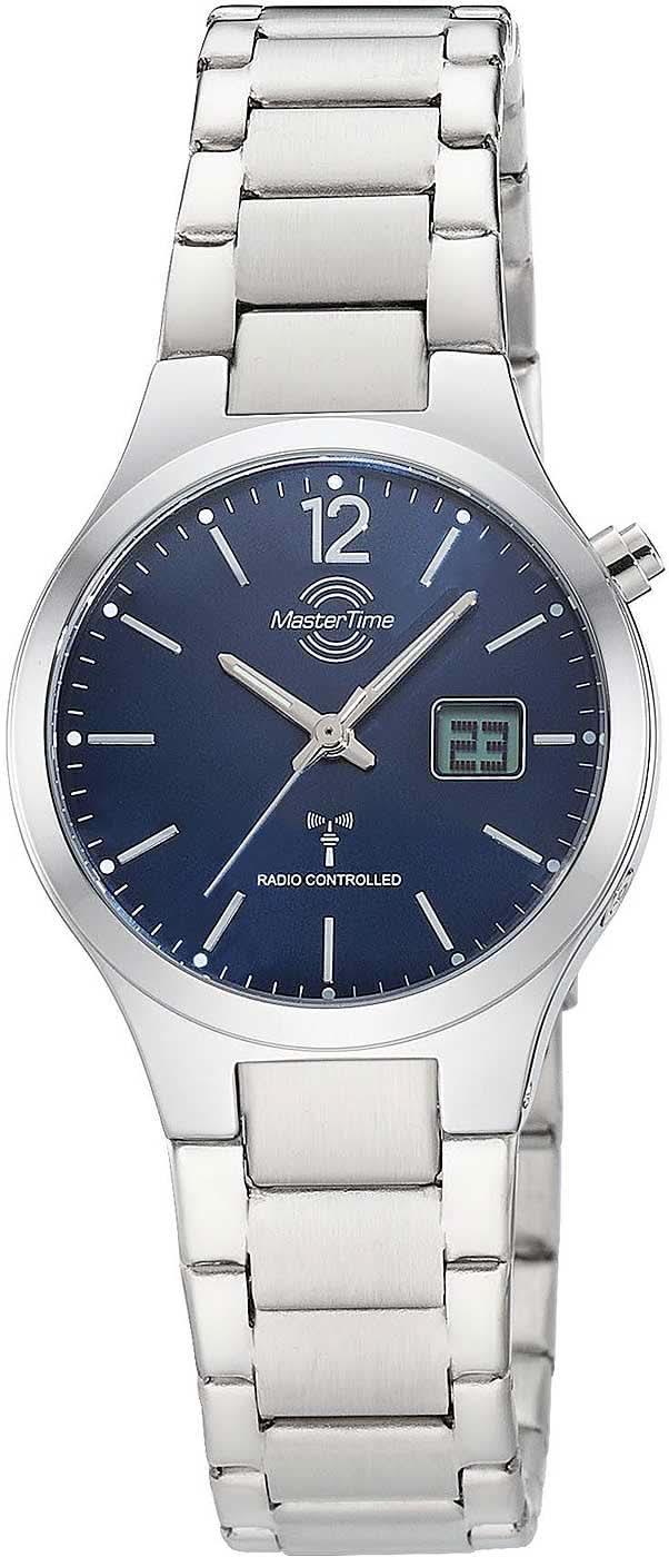 Orologio da polso in argento con quadrante blu e cinturino in metallo, datario