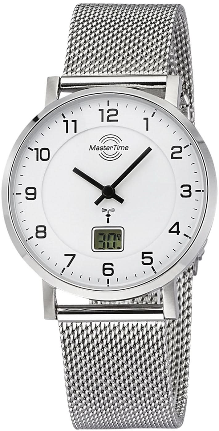 Orologio da donna Master Time con bracciale in maglia d'argento e quadrante rotondo, lancette nere, display.