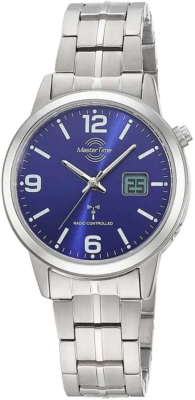 "Orologio da donna con quadrante blu, lancette analogiche e datario, cinturino in titanio"