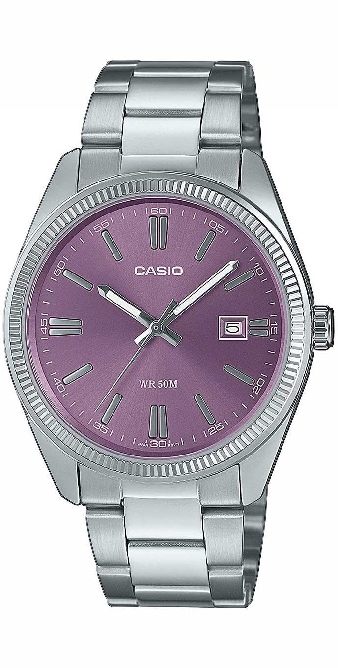 Orologio da uomo Casio con cinturino in metallo argentato e quadrante viola, cassa rotonda