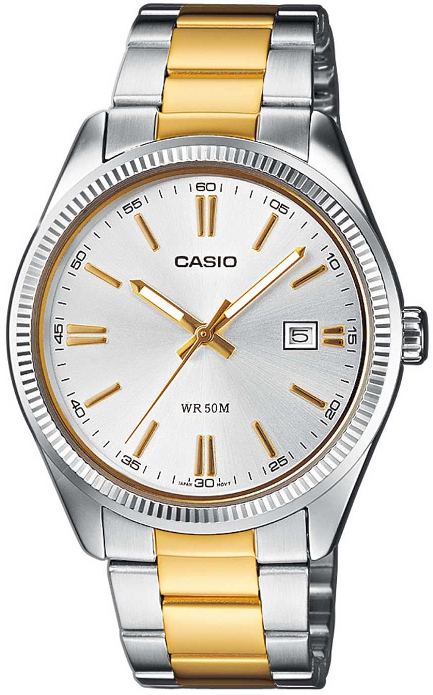Casio Herrenuhr mit bicolor Metallarmband, silbernem Zifferblatt und Datumsanzeige