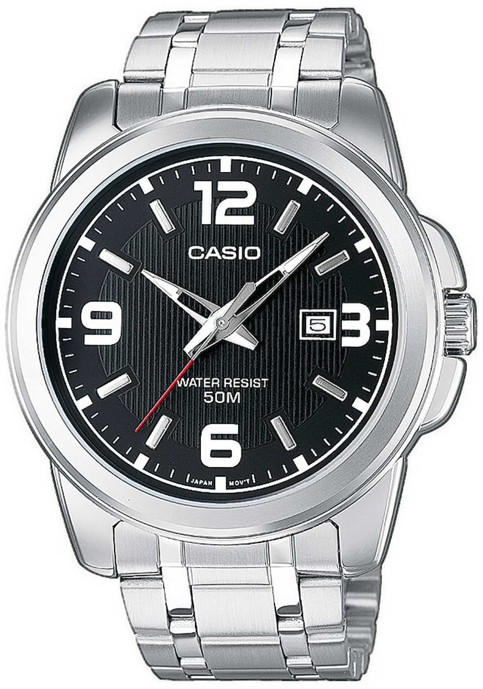 Orologio da uomo Casio: cinturino in acciaio inossidabile argentato, quadrante nero, analogico, datario, 50 m