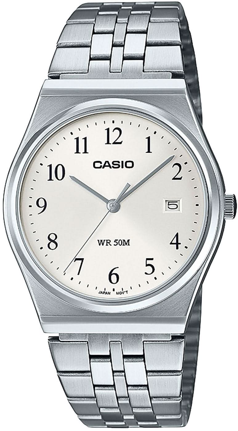 Orologio da uomo con cinturino in acciaio inossidabile argentato, quadrante bianco, datario e CASIO