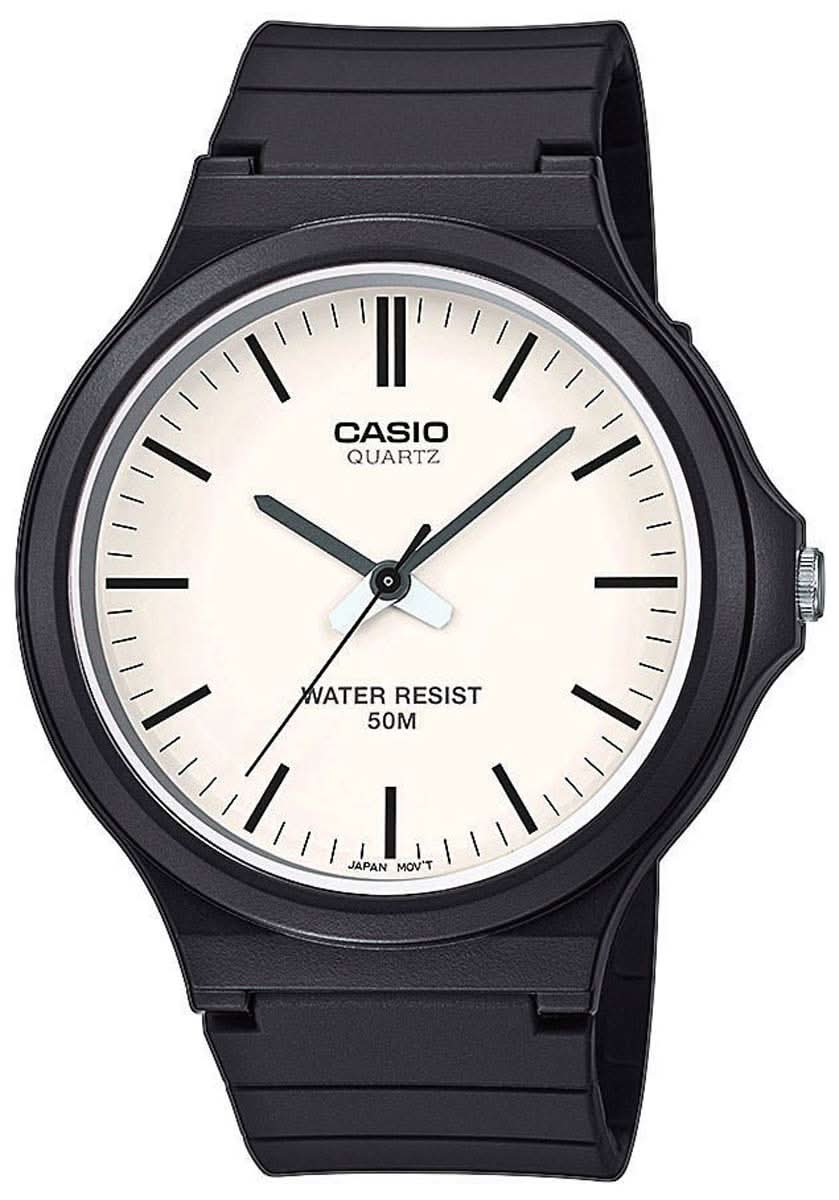 Casio Quarz-Herrenuhr mit schwarzem Silikonband, rundem Gehäuse und weißem Zifferblatt