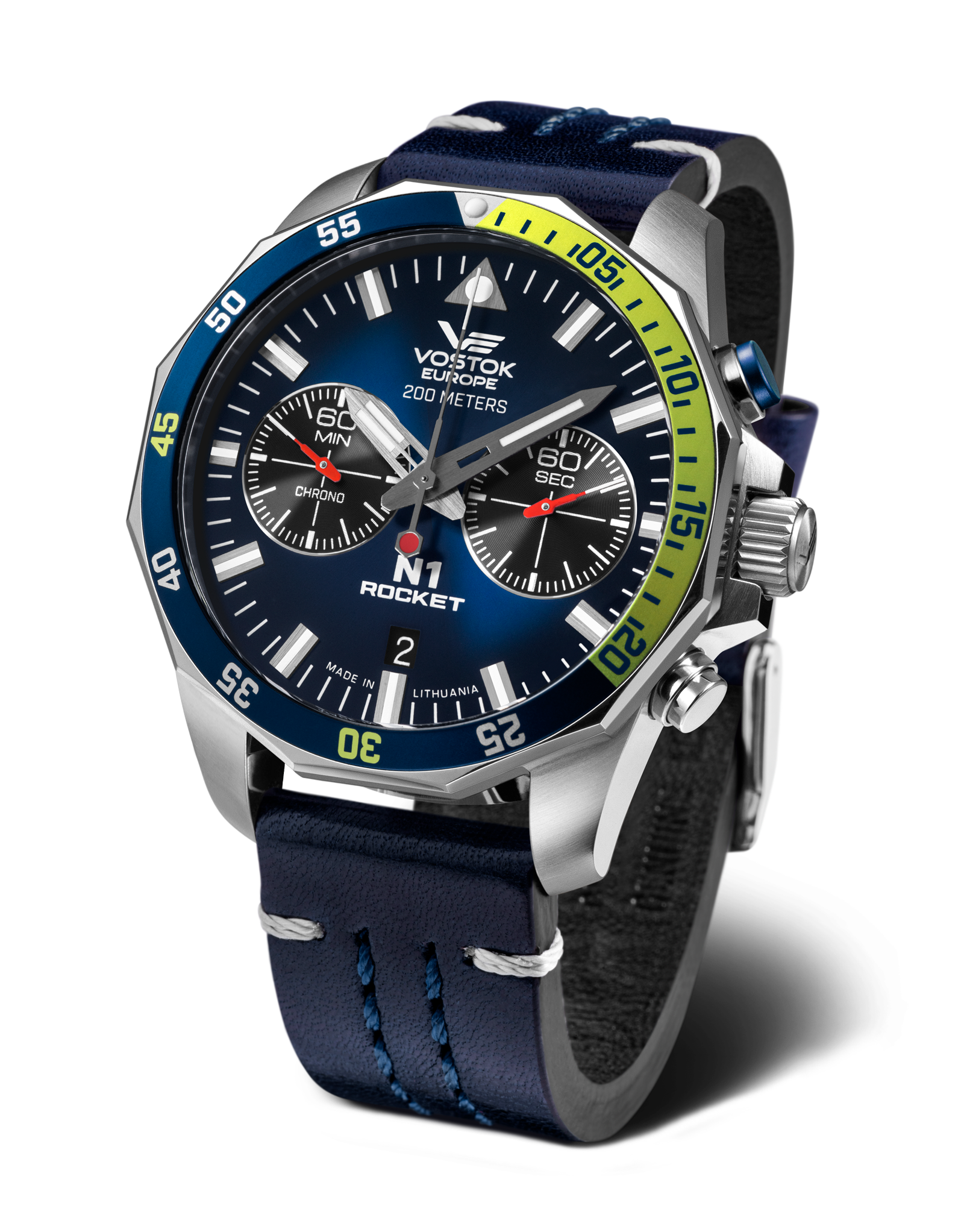 Orologio da uomo Vostok Europe Rocket N1 con quadrante blu e cinturino in pelle blu scuro