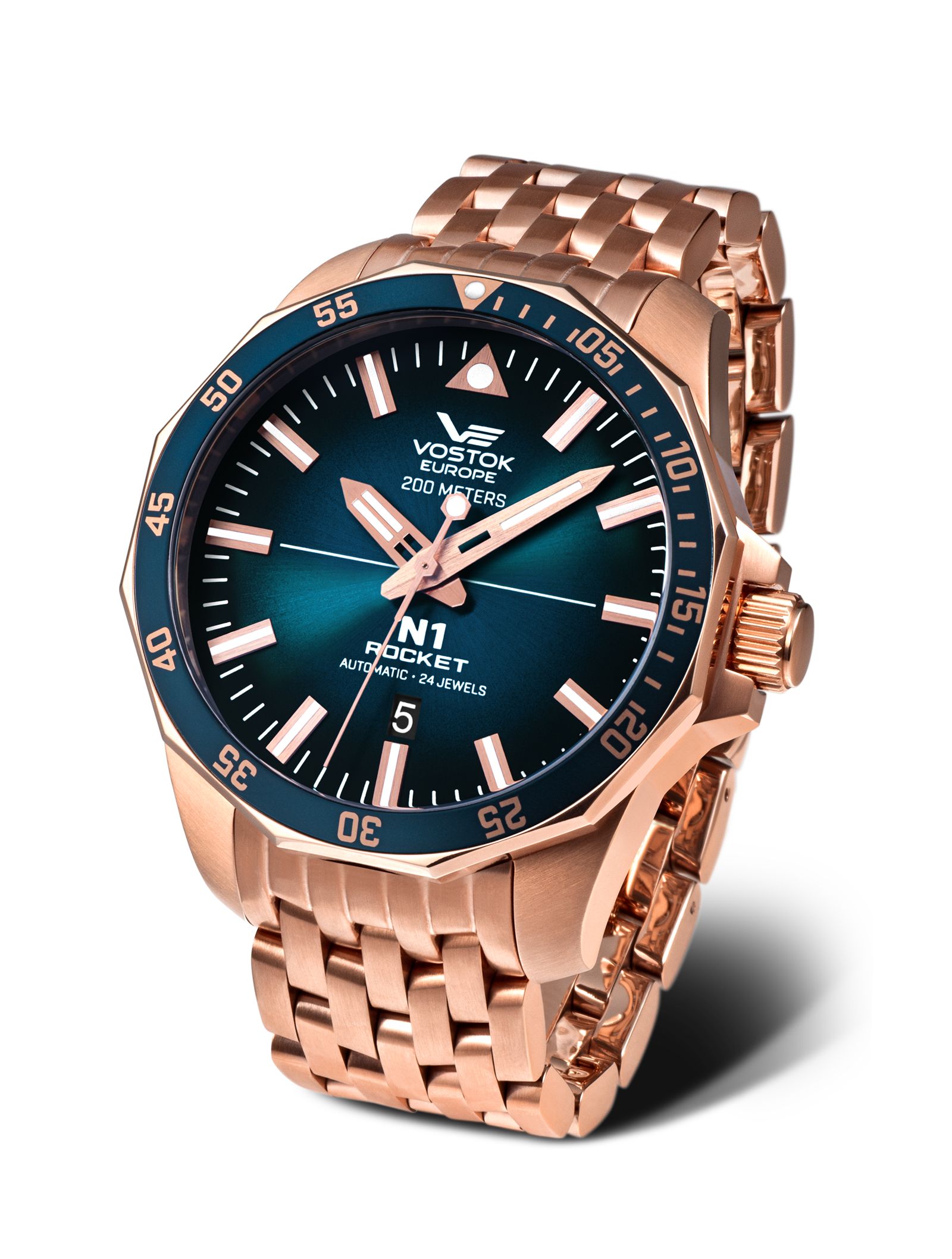 Vostok Europe Herrenuhr, Roségoldfarbenes Edelstahlband, blau-grünes Zifferblatt, Datumsfenster
