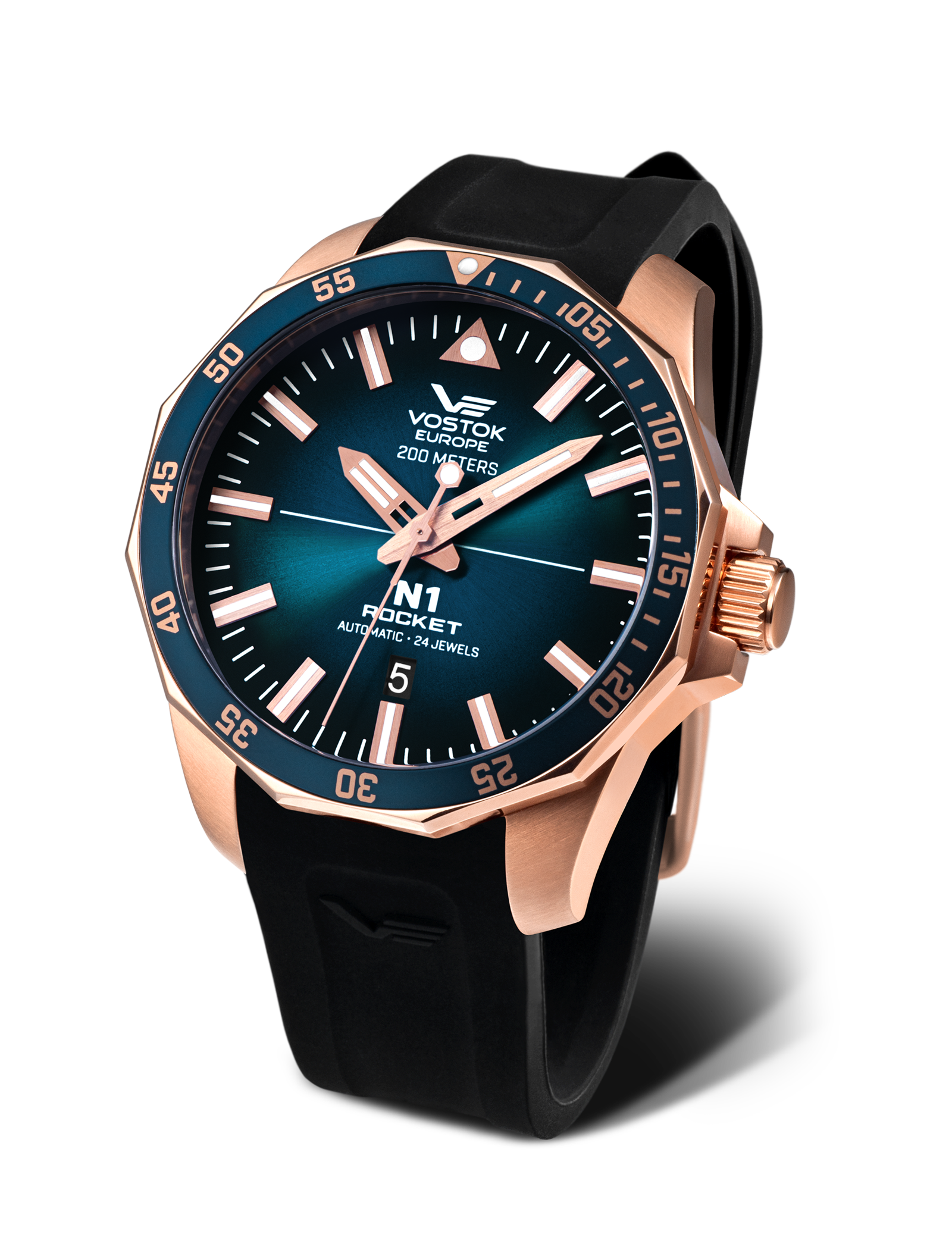 Orologio da uomo Vostok Europe con quadrante blu, lunetta color oro rosa e cinturino nero