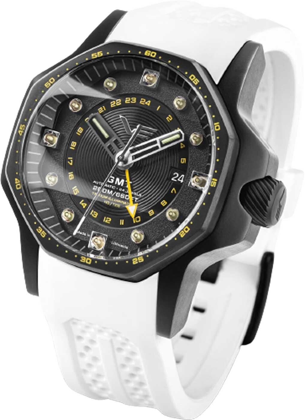Orologio da uomo con quadrante nero e accenti gialli, cinturino nero