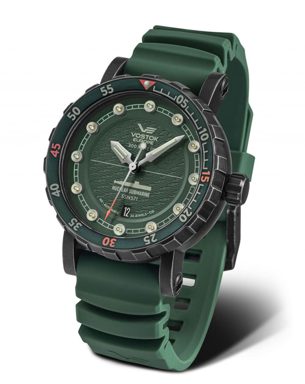 Herrenuhr mit grünem Zifferblatt, gelber Leuchtmarkierung und grünem Kautschukarmband