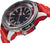 Herrenuhr mit rotem Silikonarmband, silbernem Gehäuse und schwarzem Zifferblatt