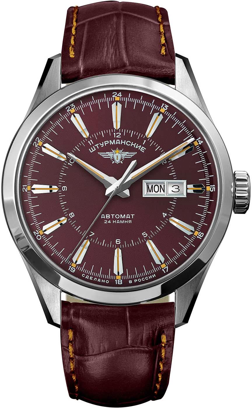Herrenarmbanduhr mit burgunder Zifferblatt, braunem Lederband und Datumsanzeige „MON“