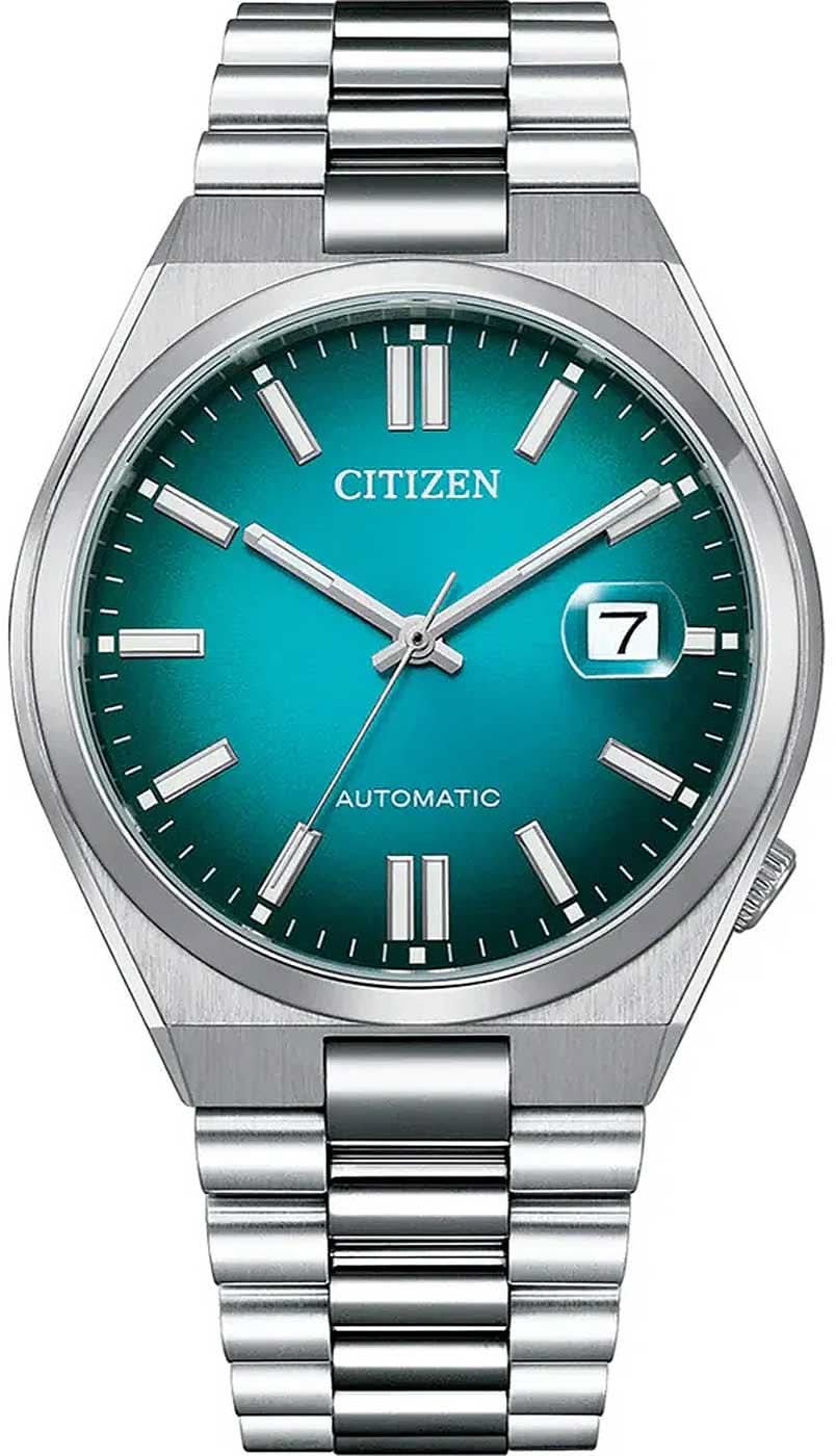 Herrenuhr mit grünem Zifferblatt, silbernem Stahlband und Datumsanzeige bei 7