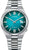 Herrenuhr mit grünem Zifferblatt, silbernem Stahlband und Datumsanzeige bei 7