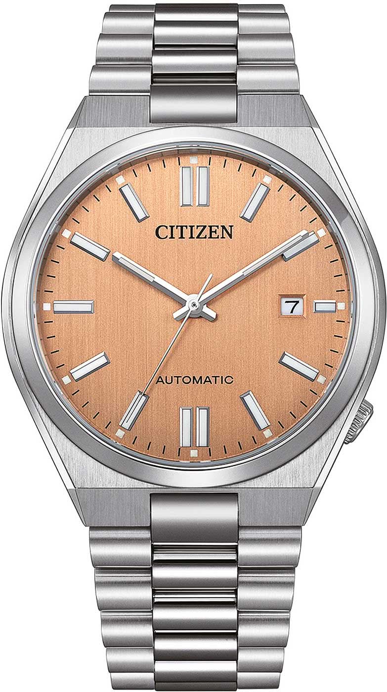 Orologio da uomo con bracciale in acciaio inossidabile, quadrante arancione, datario, movimento automatico