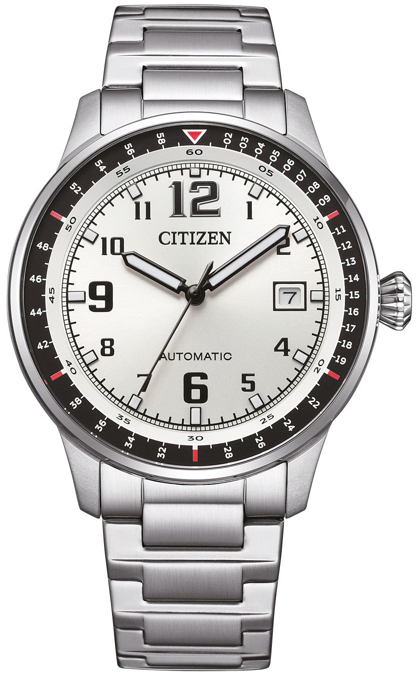 Orologio da uomo con cinturino in metallo argentato e quadrante bianco, automatico.