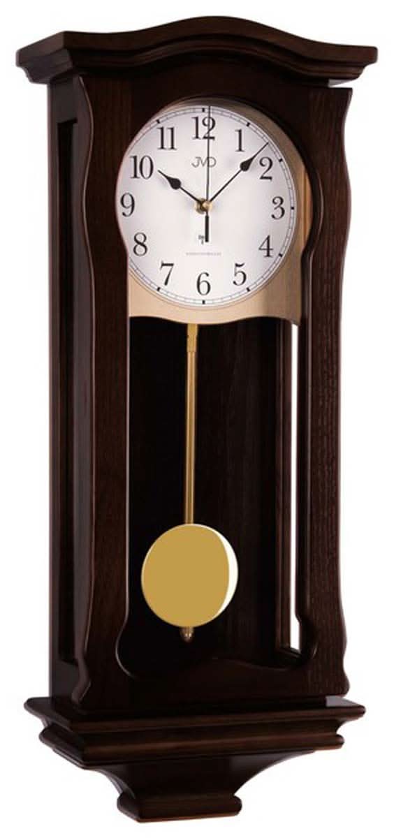 Orologio da parete in legno con movimento a pendolo, frontale marrone scuro, quadrante rotondo con lancette.