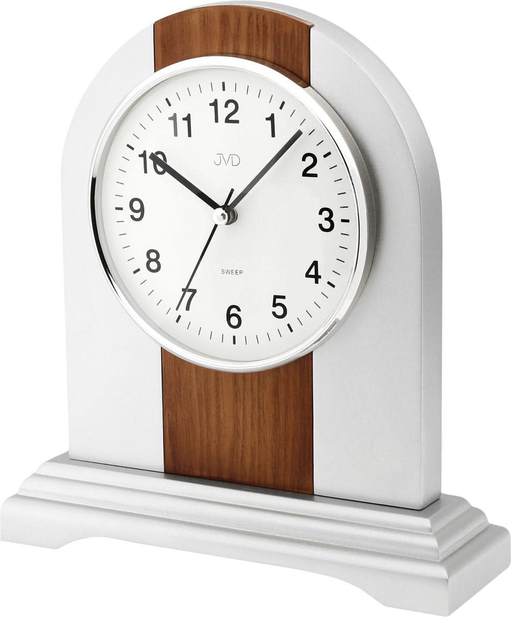 Orologio da tavolo JVD con quadrante rotondo, base in legno e cassa bianca, lancette rotonde