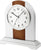 Orologio da tavolo JVD con quadrante rotondo, base in legno e cassa bianca, lancette rotonde