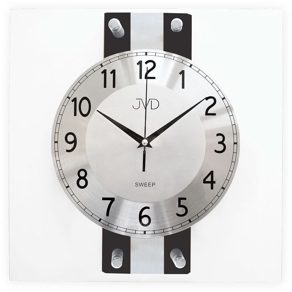 Orologio da parete rotondo JVD con quadrante bianco, lancette nere e piastre di montaggio nere