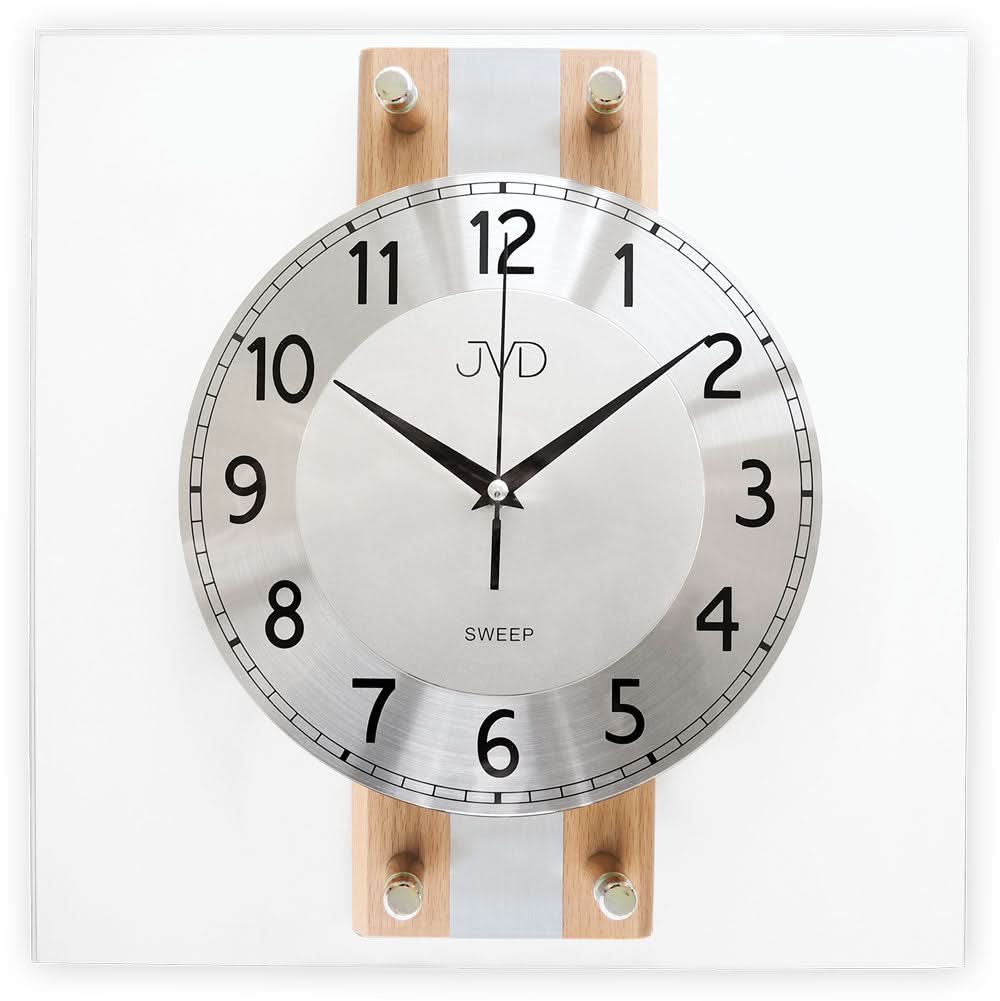 Orologio da parete rotondo con quadrante bianco, lancette nere e cornice in legno, movimento a vista