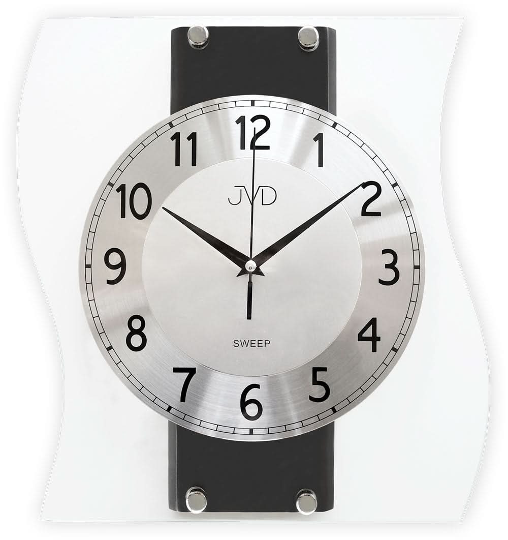 Orologio da parete con quadrante rotondo, cornice nera e lancette nere, logo JVD
