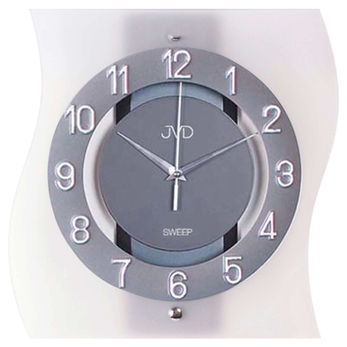 Orologio da parete rotondo con quadrante scuro, copertura in vetro e lancette argentate