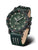 Herrenuhr mit grünem Zifferblatt, schwarzer Lünette und grünem Lederarmband mit Ziernähten