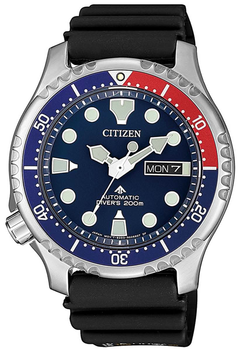 Herrenuhr mit schwarzem Lederarmband und blauem Zifferblatt, Datumsanzeige „MON 7“