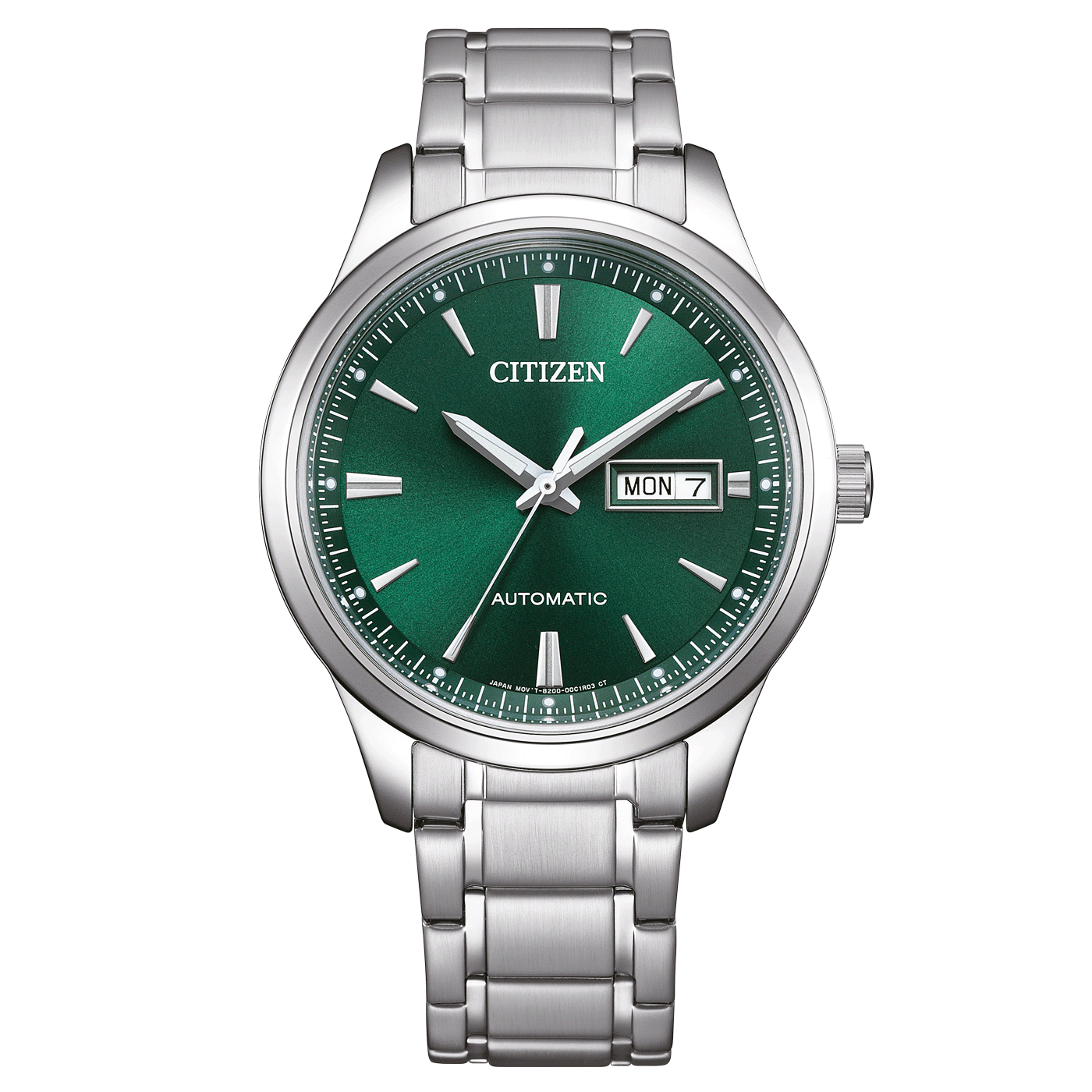 Orologio da uomo automatico con quadrante verde, datario e bracciale in metallo argentato