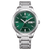 Orologio da uomo automatico con quadrante verde, datario e bracciale in metallo argentato