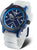 Orologio da uomo con quadrante blu, lunetta in ceramica e cinturino in silicone bianco