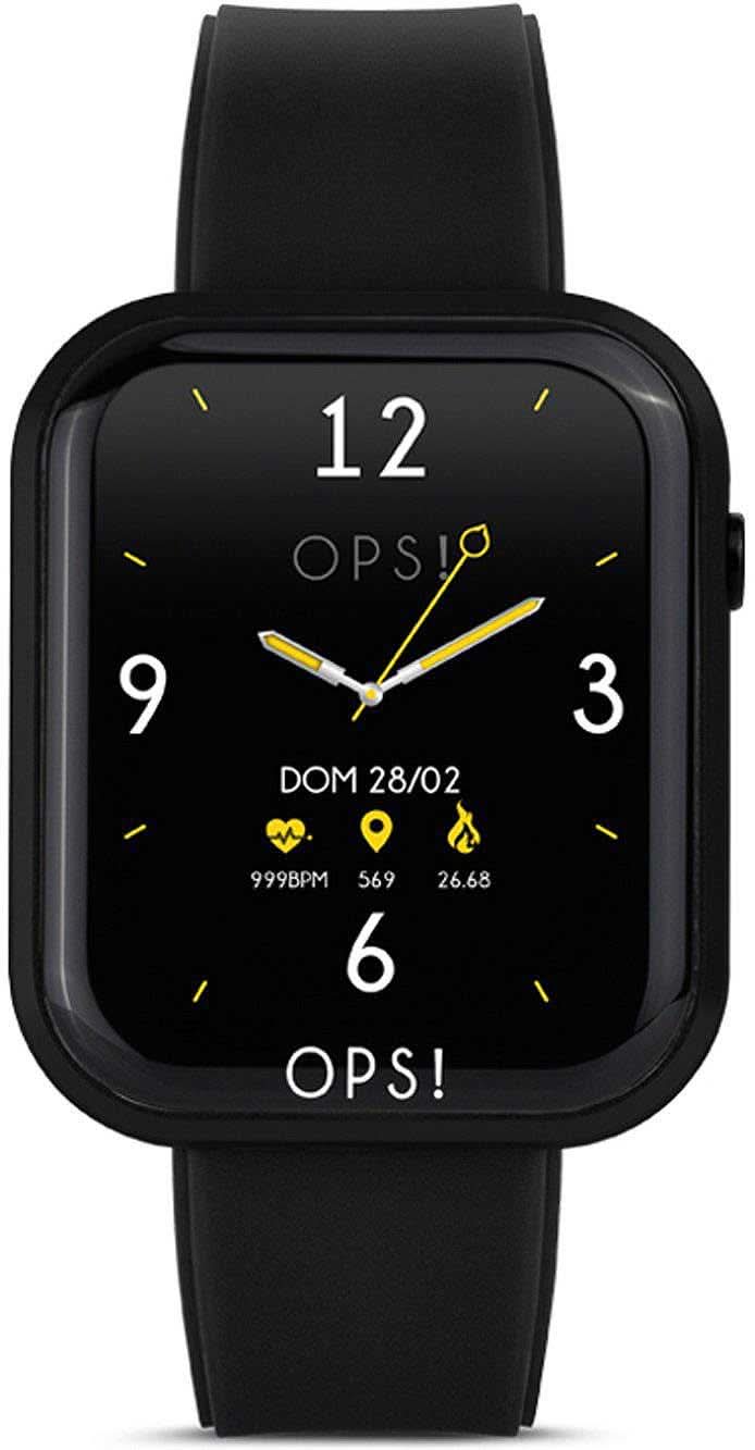 Smartwatch mit schwarzem Gehäuse und schwarzem Silikonarmband, Ziffernblatt grün akzentuiert